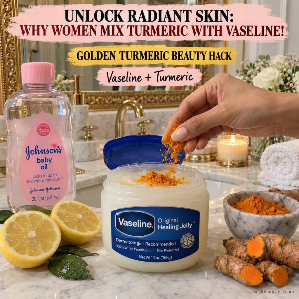 A bowl with vibrant yellow turmeric powder next to an open jar of petroleum jelly Vaseline with a small spoon suggesting