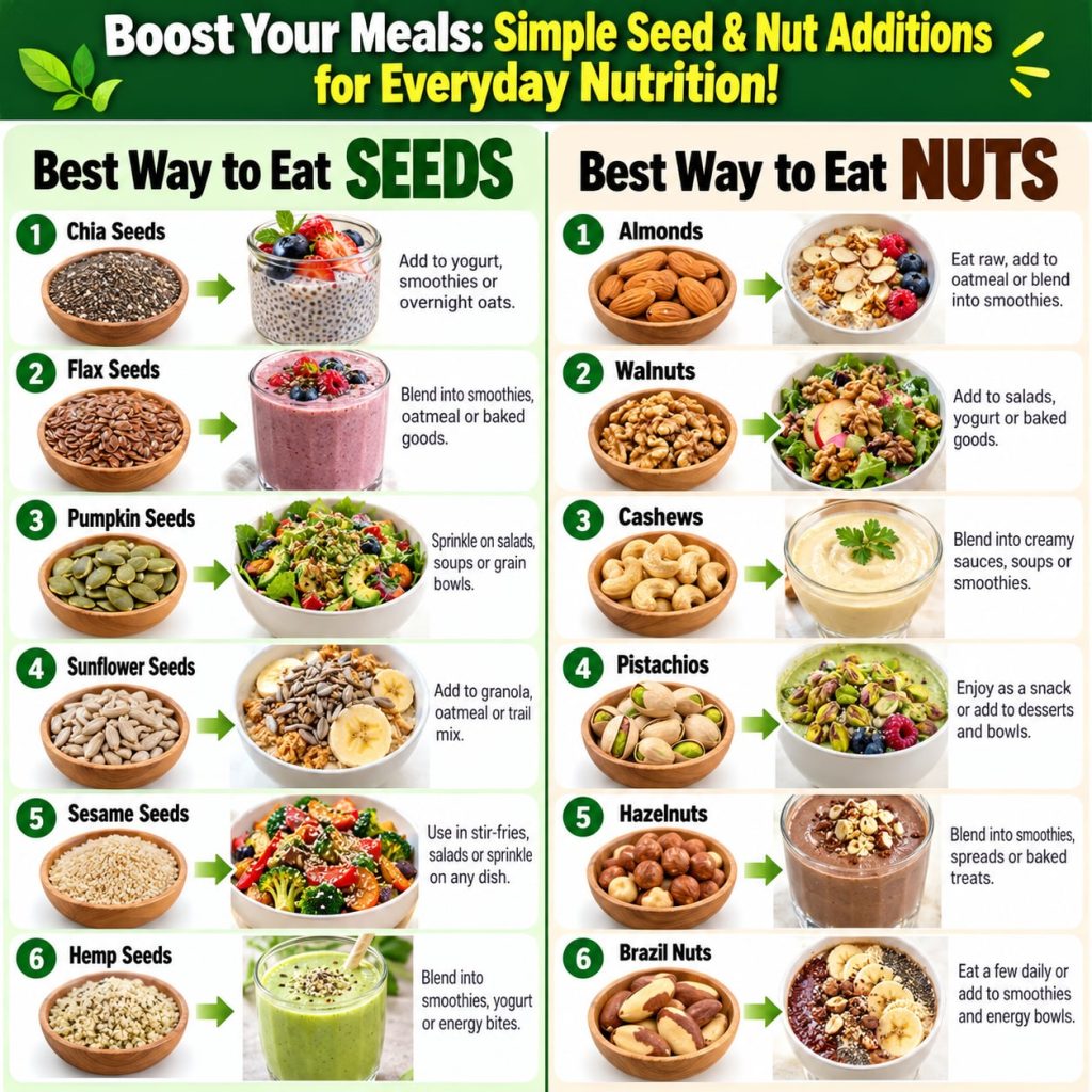 A vibrant flat lay of various seeds and nuts including chia flax pumpkin hemp seeds almonds walnuts cashews and pistachi