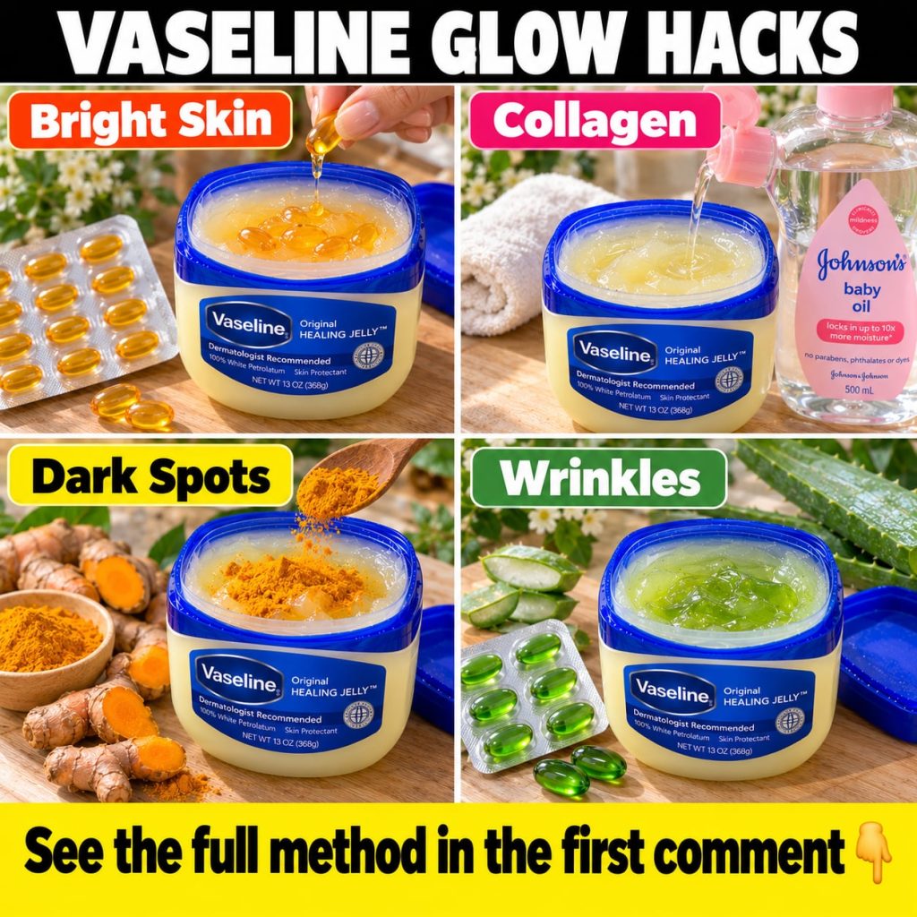 A clear glass jar of Vaseline a small amber capsule of Vitamin E oil and a freshly cut aloe vera leaf with some gel visi
