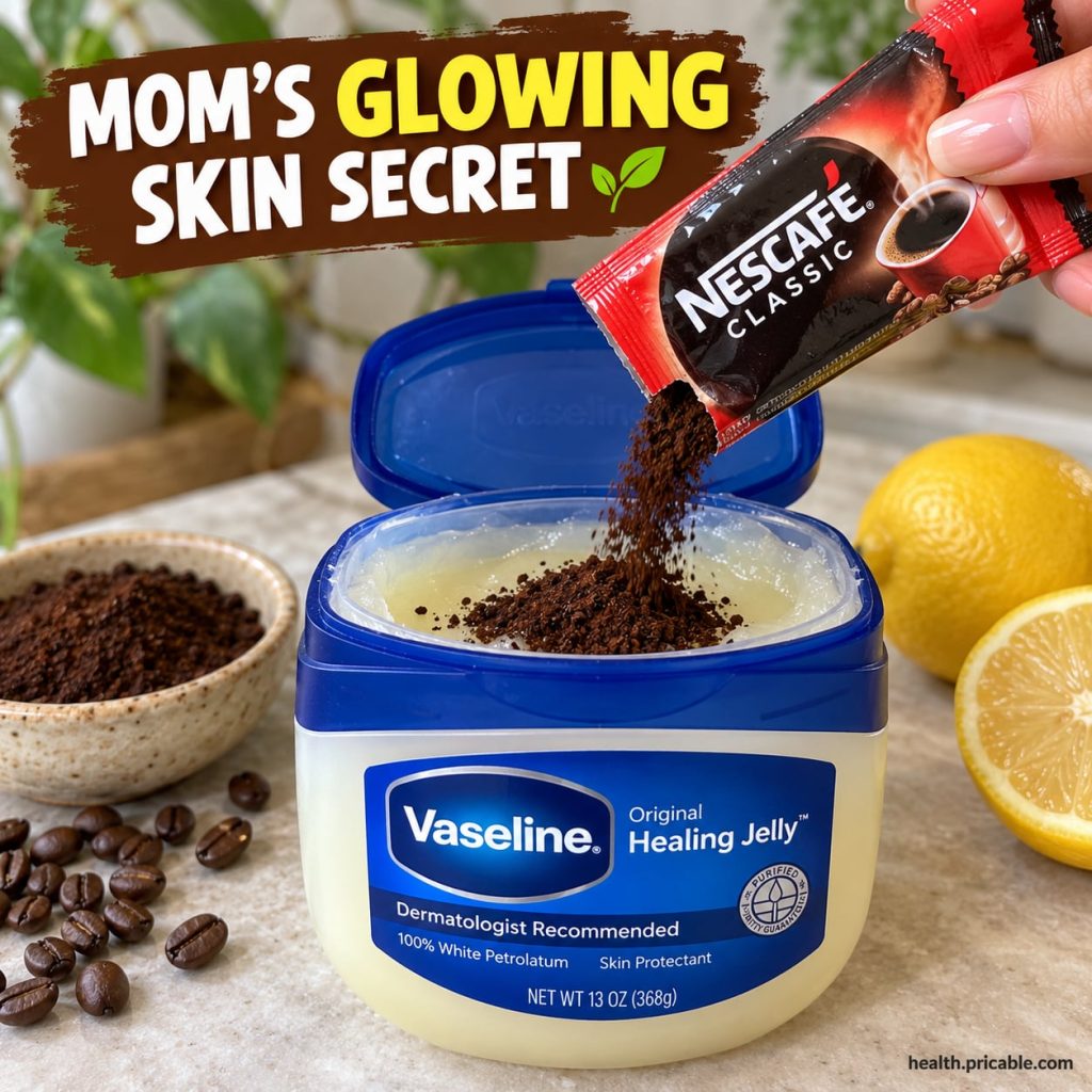 A close-up of a small bowl containing a mixture of Vaseline and coffee grounds with a spoon beside it suggesting a DIY b