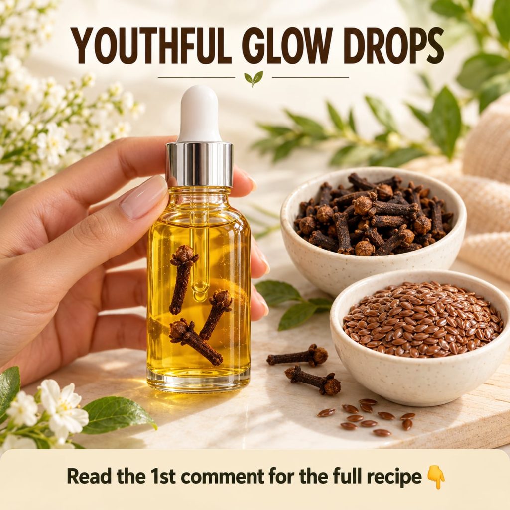 A small glass dropper bottle filled with a natural translucent serum surrounded by ingredients like golden flaxseeds in 