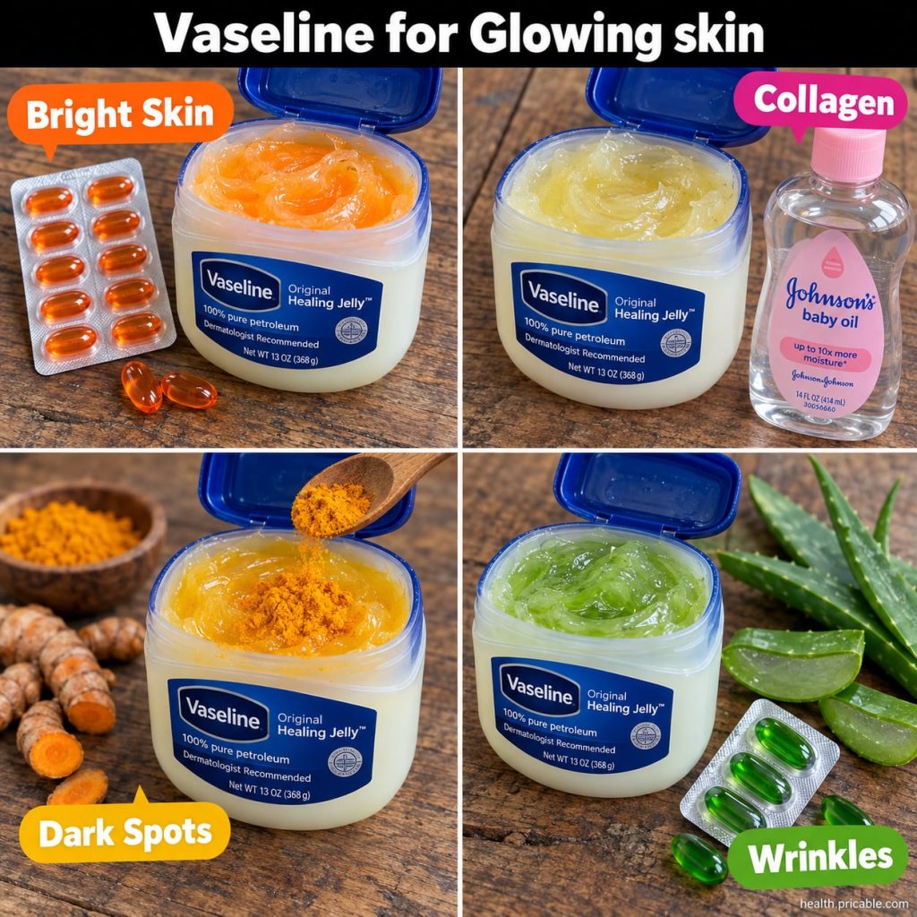 A jar of Vaseline surrounded by natural ingredients like lemon slices aloe vera leaf and a vitamin E capsule on a glowin