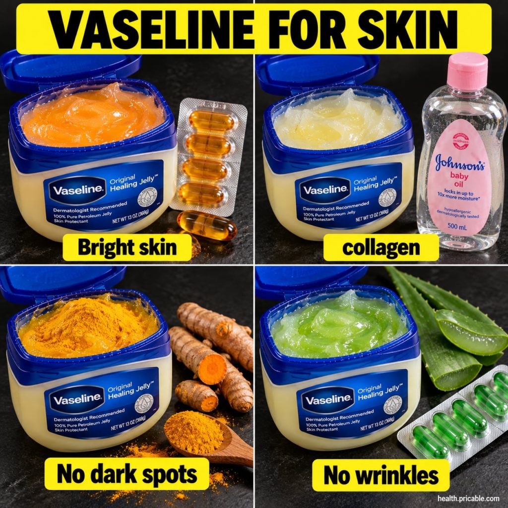 A close-up shot of an open jar of Vaseline Original Healing Jelly on a clean white background with a small amount scoope