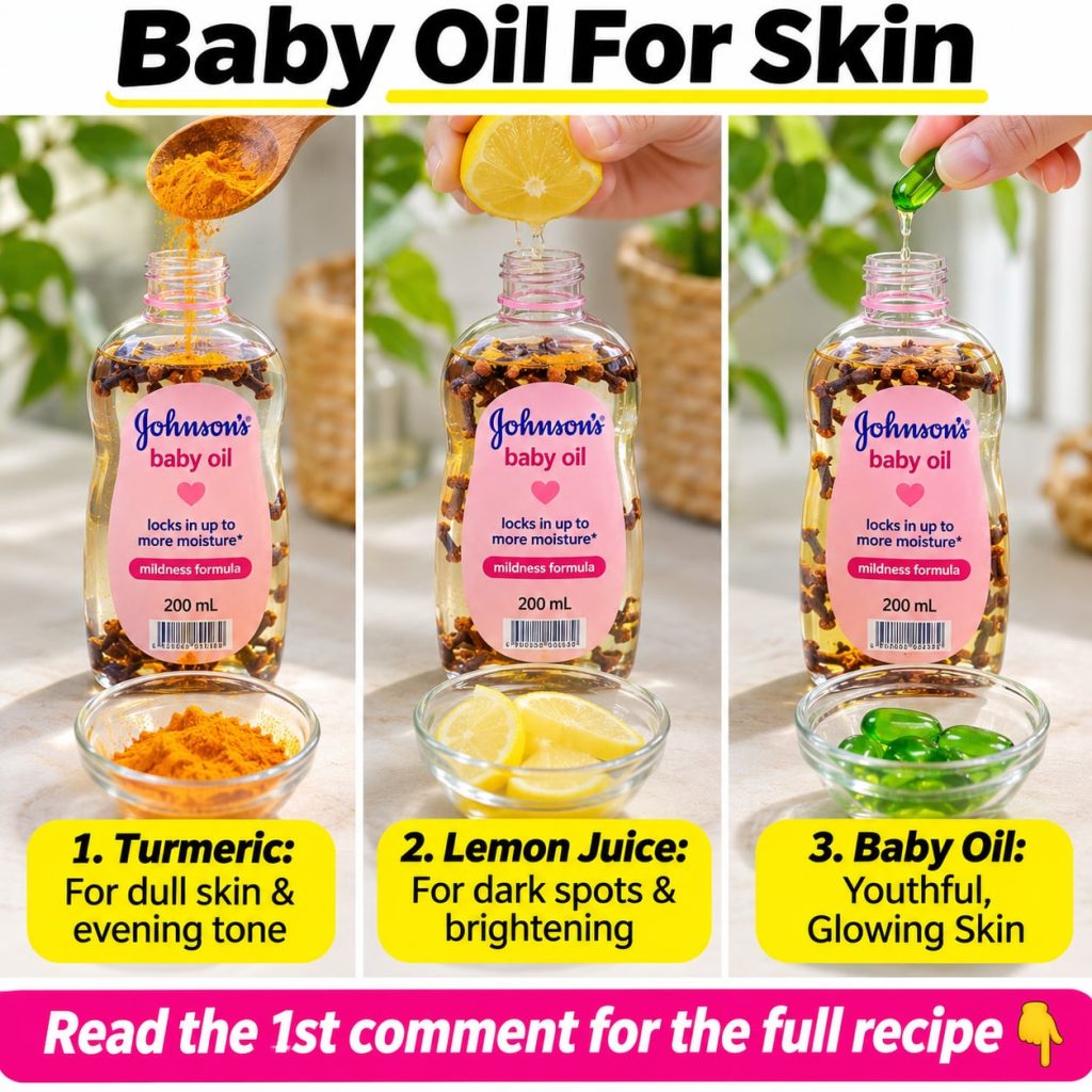 A person preparing a DIY beauty mixture with baby oil vitamin E and aloe vera showing the ingredients laid out and being