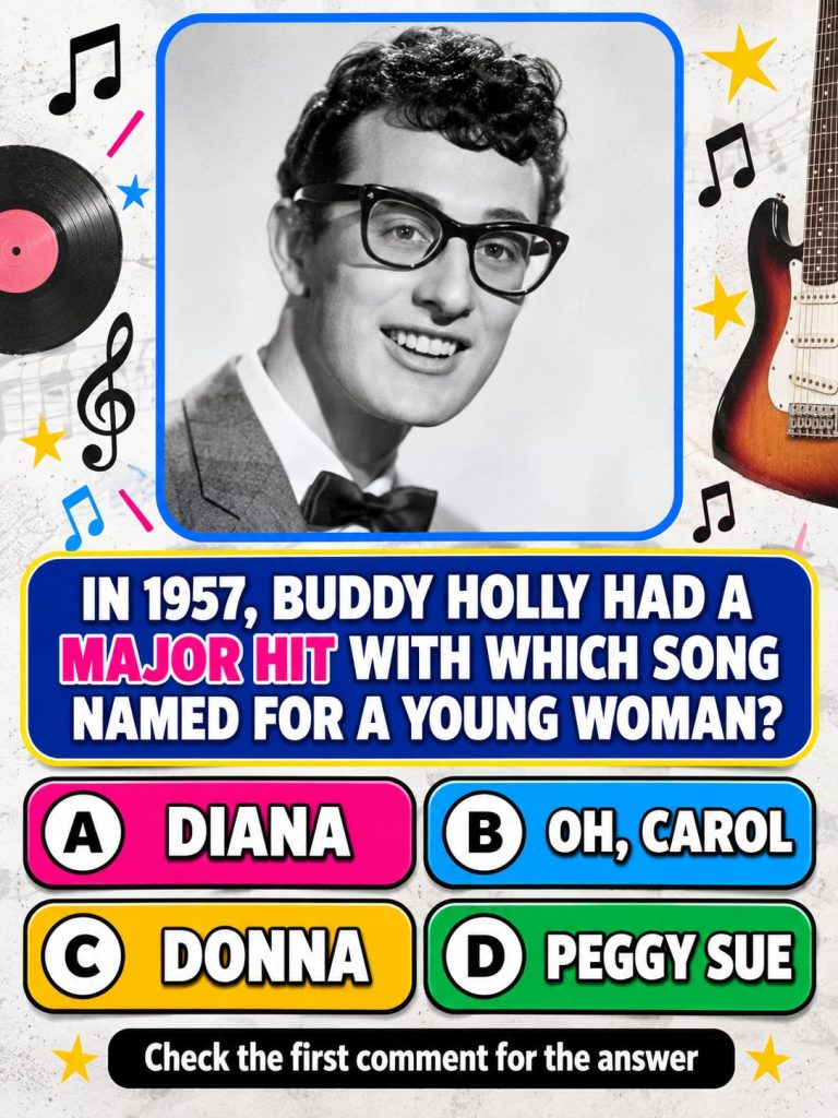 A vintage-style graphic representing Buddy Holly and the song Peggy Sue evoking the 1950s rock and roll era