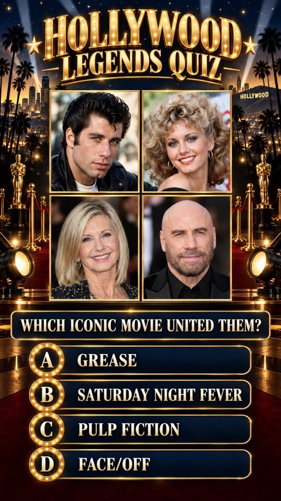 John Travolta and Olivia Newton-John in their iconic roles from Grease smiling and posing together Travolta is wearing a