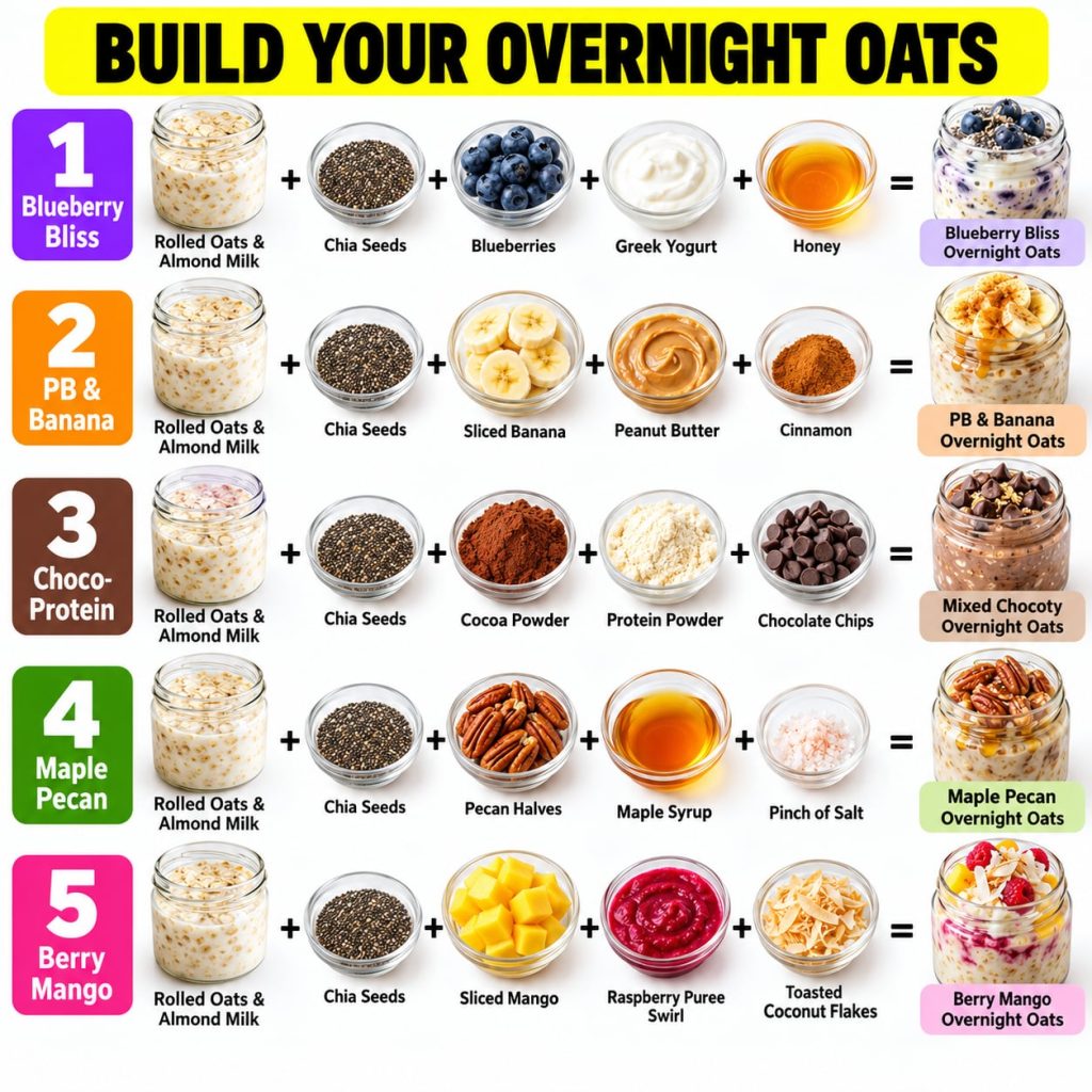 Various jars of colorful overnight oats on a wooden table emphasizing healthy and easy breakfast options