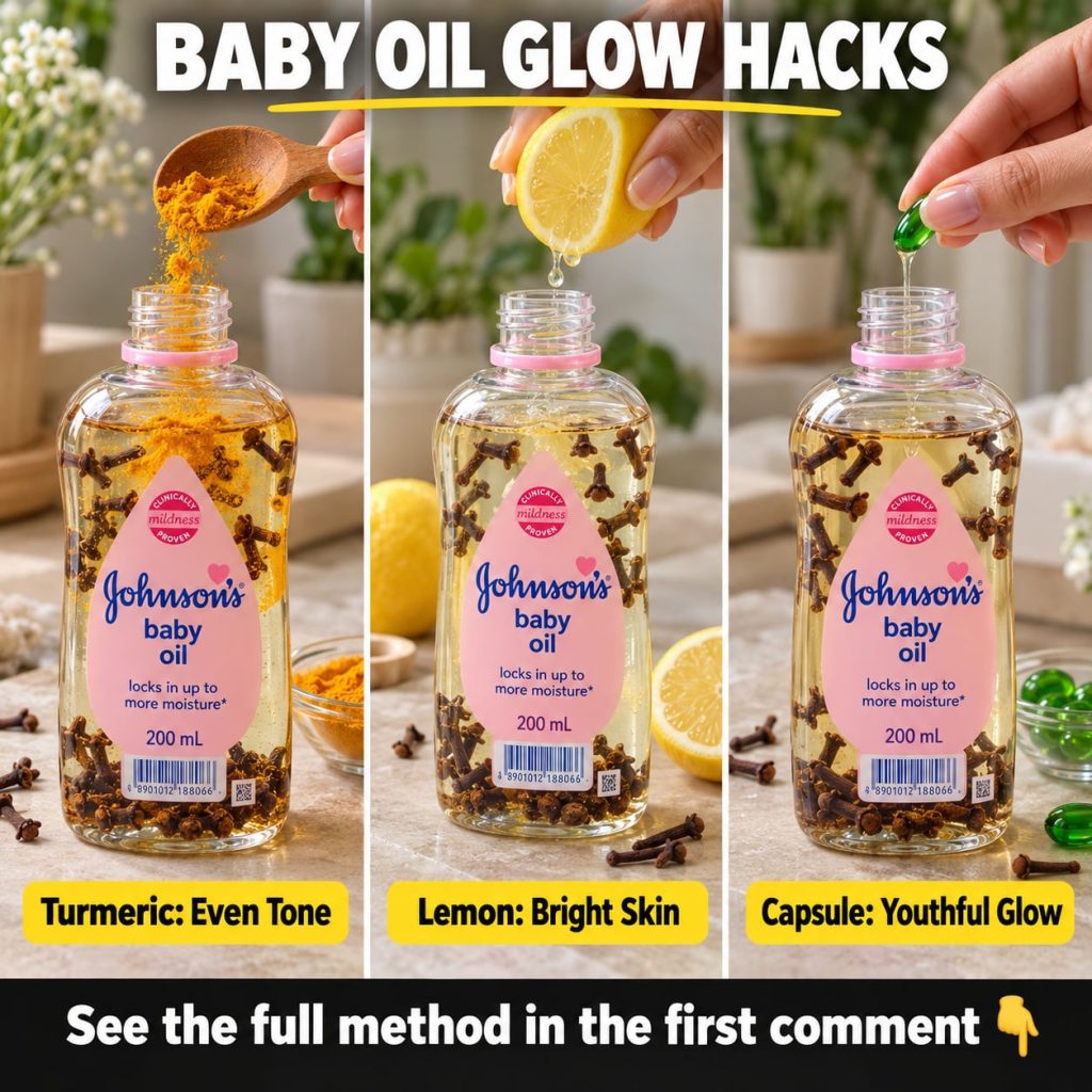 A bottle of baby oil next to natural ingredients like dried rose petals a small bowl of turmeric and essential oil bottl