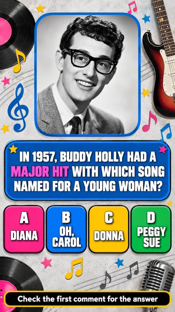 A vertical 9 16 quiz card for Facebook Reels featuring Buddy Holly s portrait on a deep navy cinematic background with g