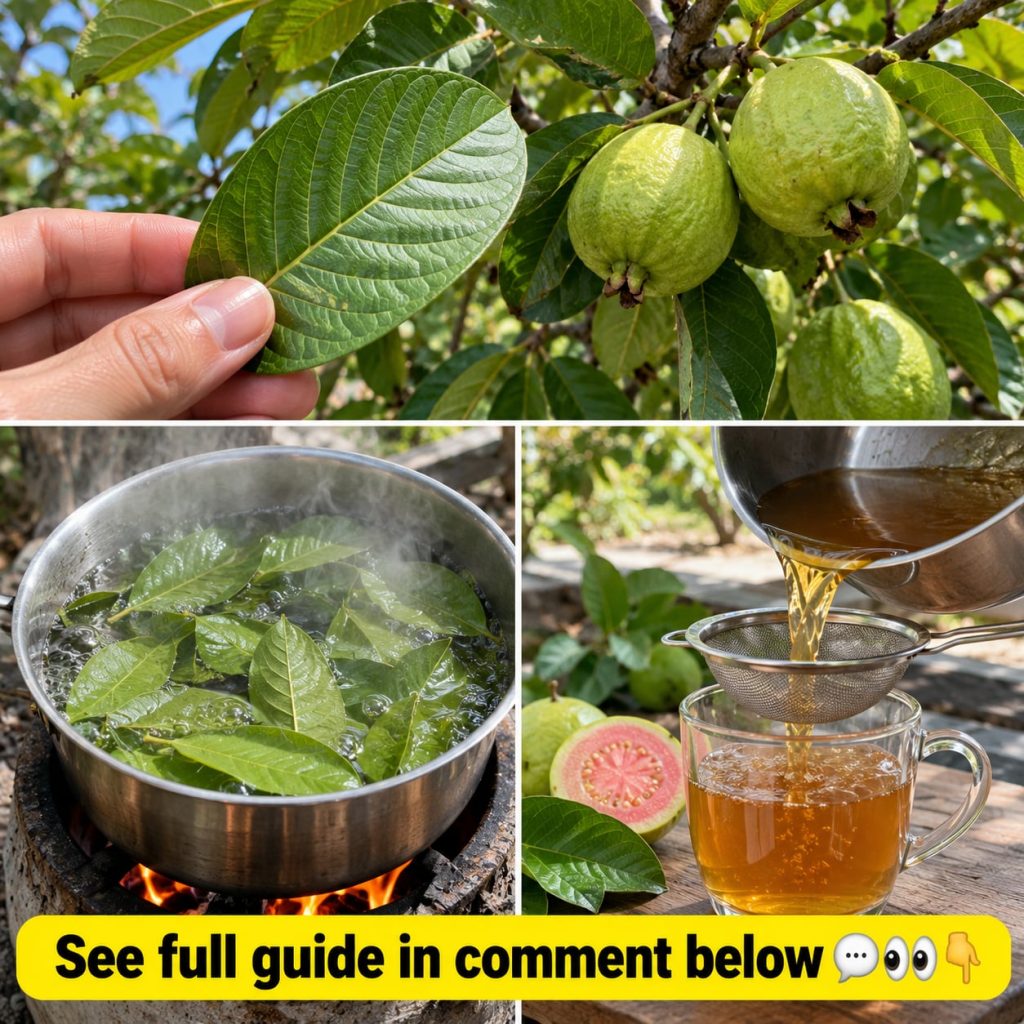 A close-up shot of vibrant green guava leaves on a branch with some dewdrops visible indicating freshness
