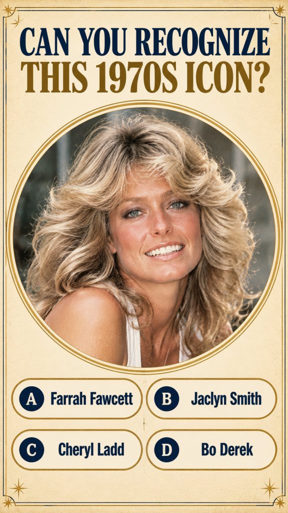 A classic publicity photo of Farrah Fawcett from the 1970s showcasing her famous feathered hairstyle