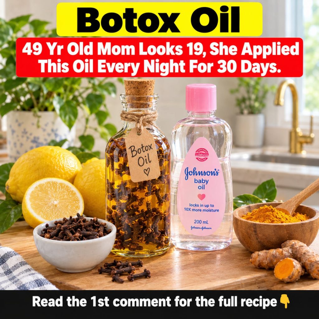 A close-up of a glass bottle filled with a golden Botox Oil mixture with cloves and lemon slices visible around it on a 