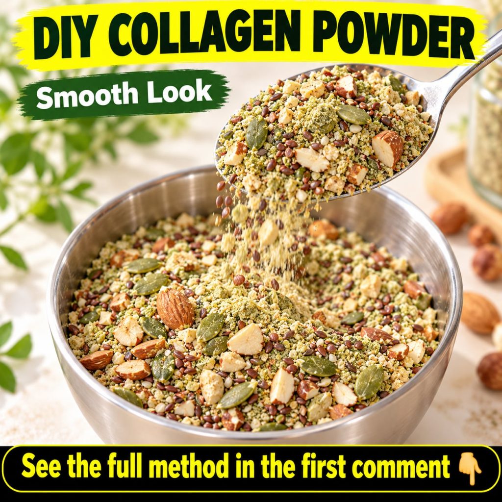 A finely ground light brown DIY collagen powder blend in a small glass jar surrounded by whole flax seeds chia seeds alm
