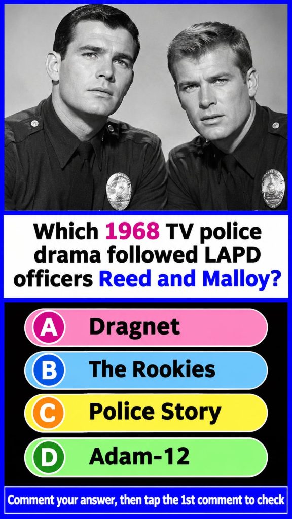 A retro police car Adam-12 with officers Reed and Malloy in their LAPD uniforms set against a dark cinematic background