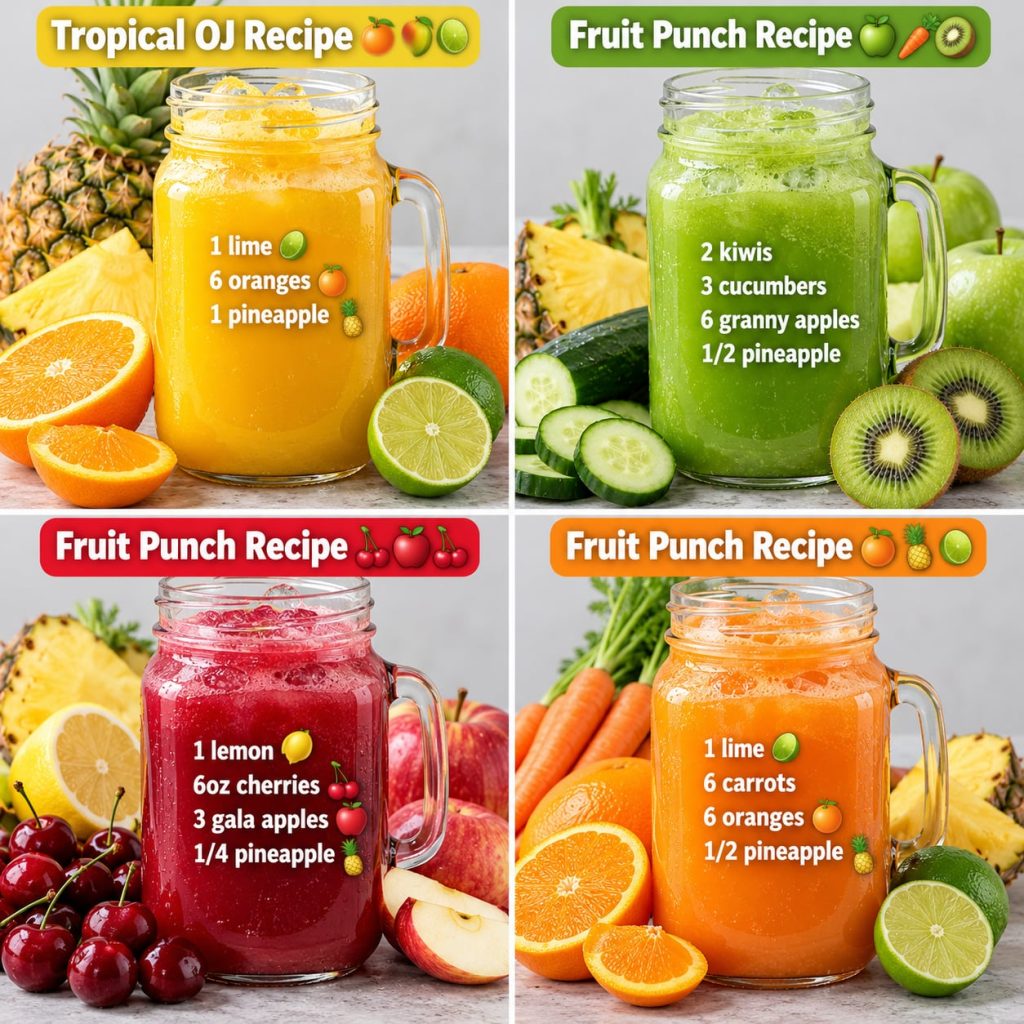 Four glasses of different colored fresh juices indicating a variety of fruit and vegetable blends