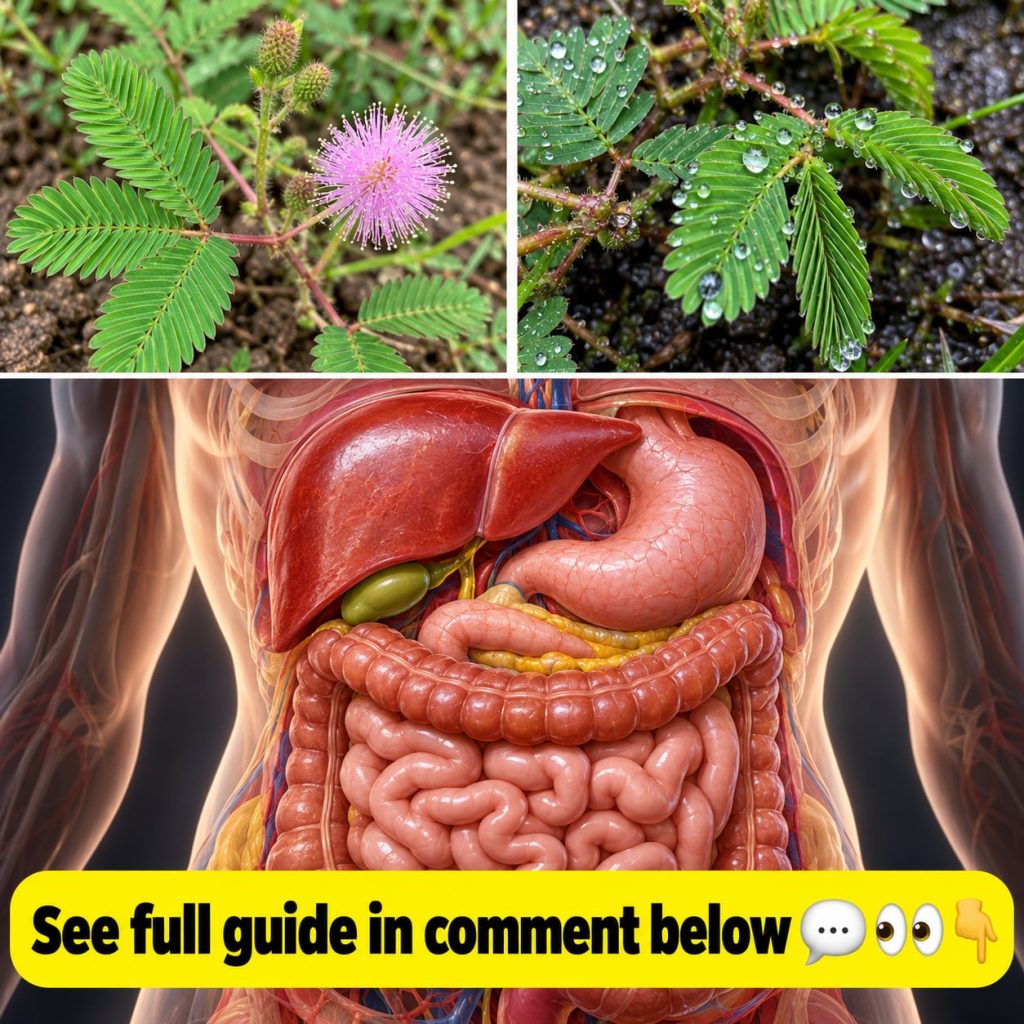 A close-up of the Mimosa Pudica plant with its leaves gently folded inward showing its touch-me-not characteristic