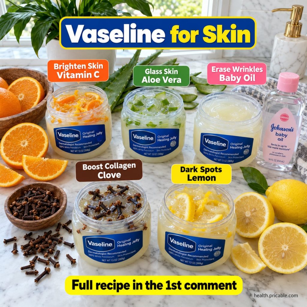 A jar of Vaseline Original Healing Jelly surrounded by various natural beauty ingredients like turmeric powder honey alm