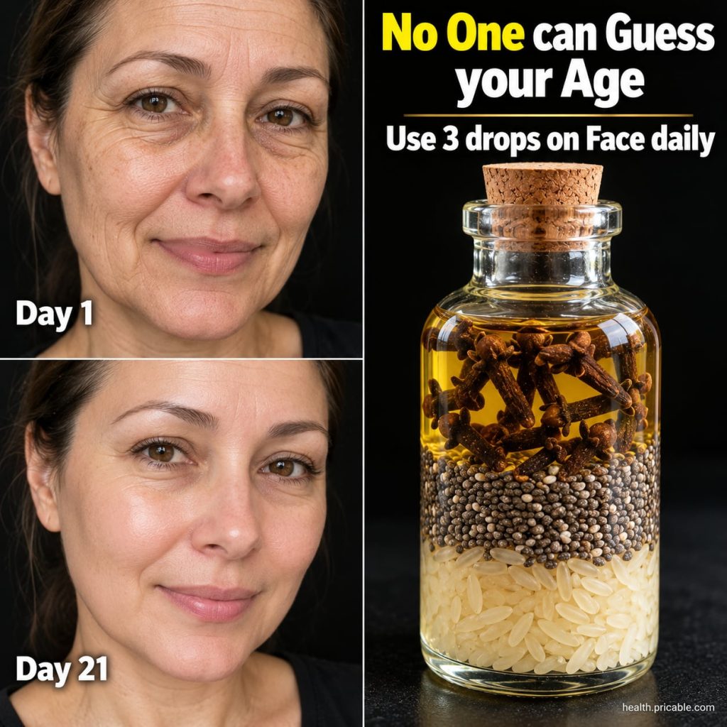 Ingredients for Botox drops laid out whole cloves uncooked rice grains chia seeds and a bottle of carrier oil like almon