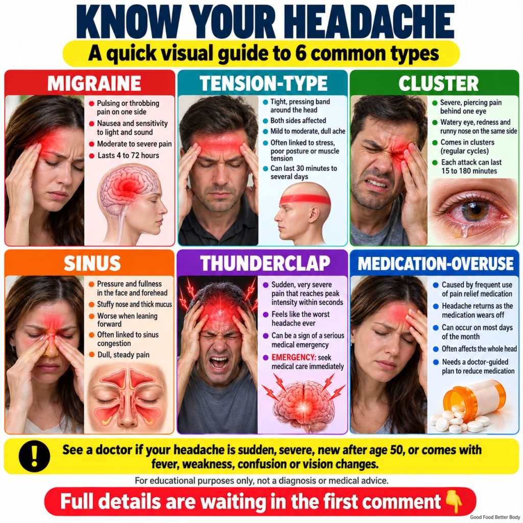 An infographic illustration showing six distinct areas of the head each labeled with a common headache type e g tension 