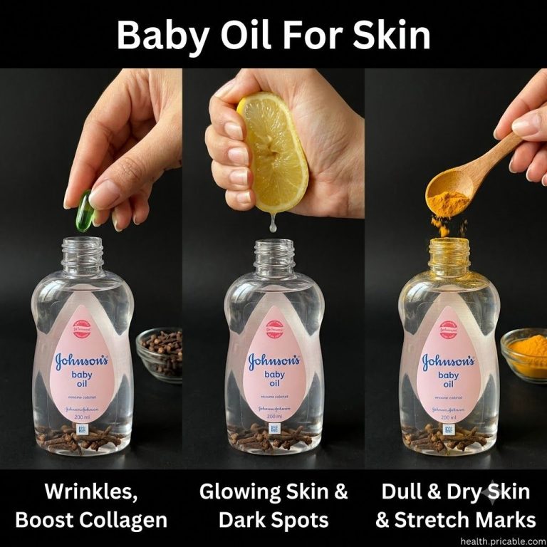 A bottle of baby oil surrounded by small bowls containing natural ingredients like aloe vera sugar and vitamin E oil sug
