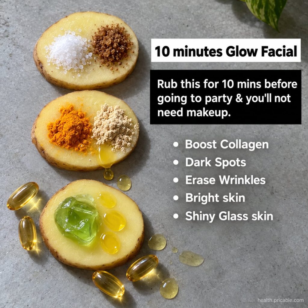 A woman applying a potato facial mask to her face looking refreshed and happy The scene is bright and natural