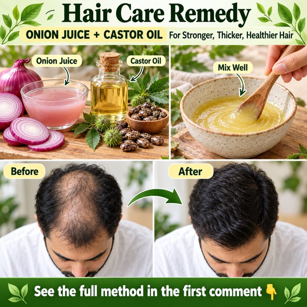 Ingredients for an onion juice and castor oil hair mask including whole onions a bottle of castor oil and a small bowl o