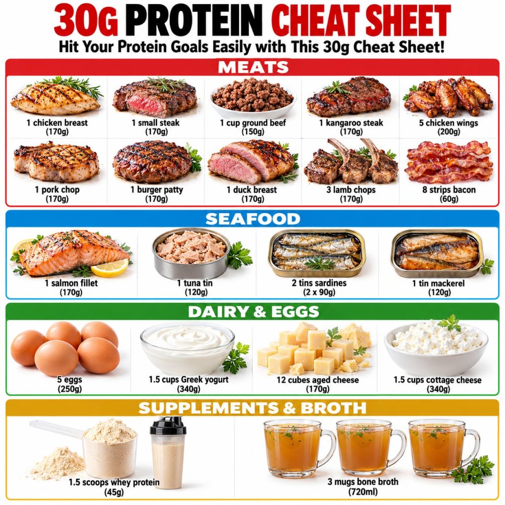 A vibrant and organized display of various protein-rich foods clearly labeled with approximate protein content for easy 