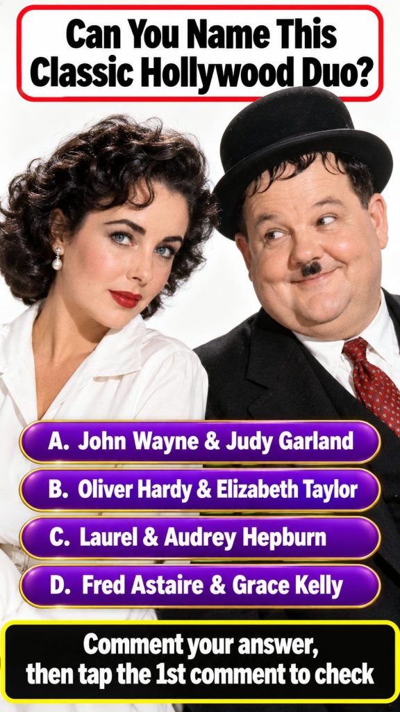 A cinematic vertical quiz card featuring a recognizable classic Hollywood duo designed for Facebook Reels