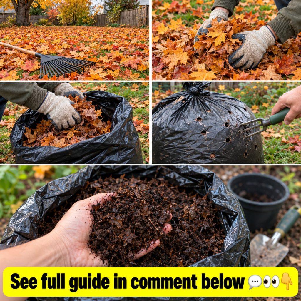 A pile of colorful autumn leaves on a lawn next to a black garbage bag with small holes punched in it The scene suggests