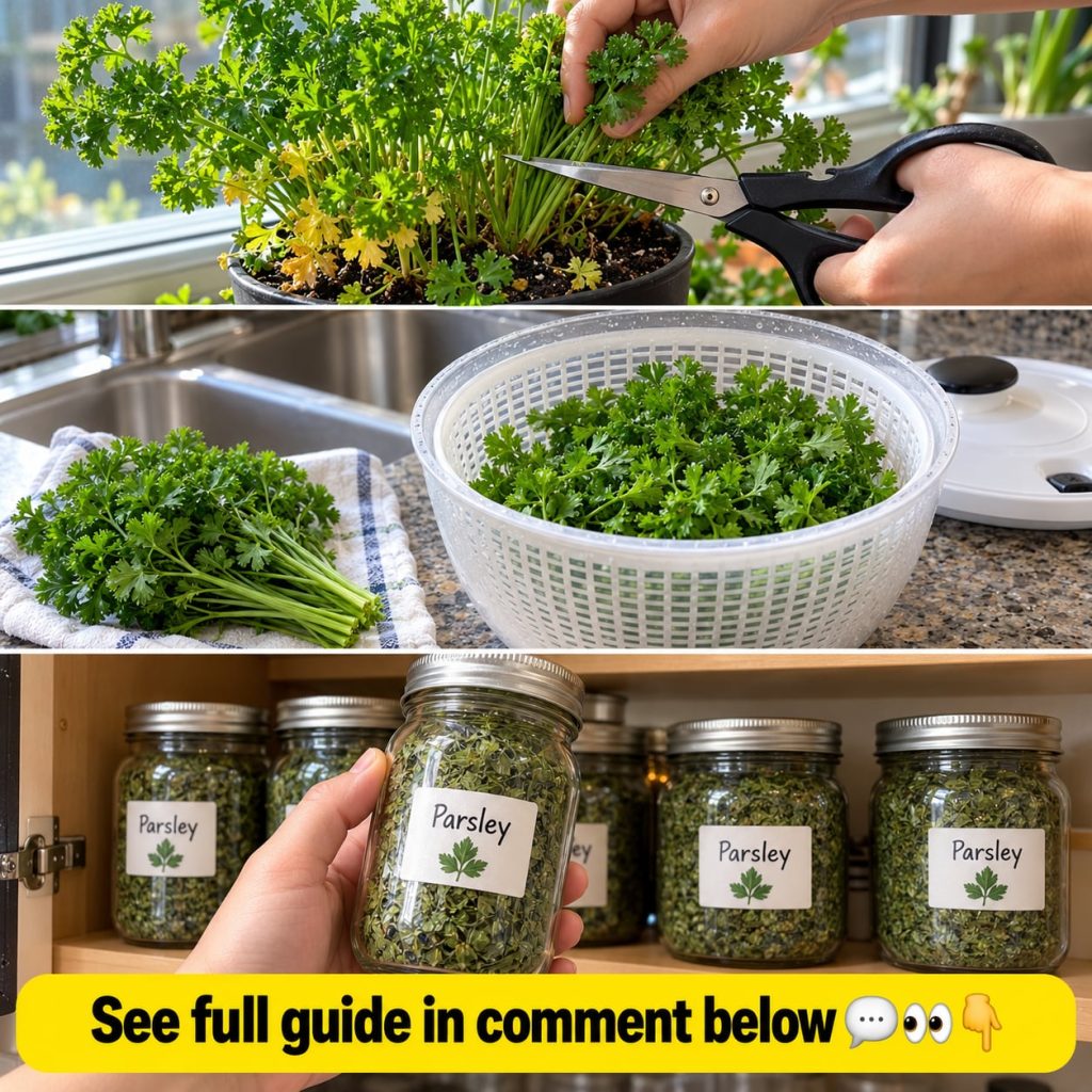 A bunch of fresh green parsley stands upright in a clear glass jar filled with water The jar is placed on a kitchen coun