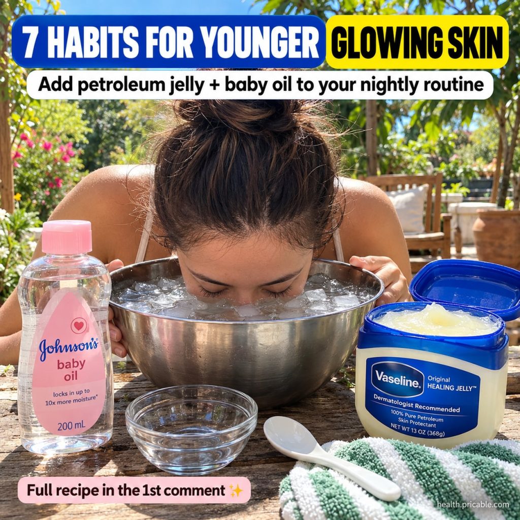A person s face being gently dipped into a bowl of ice water with Vaseline and baby oil bottles visible nearby