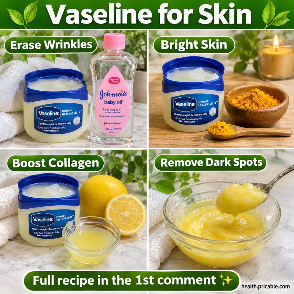 A jar of Vaseline surrounded by small bowls containing natural ingredients like honey sugar and vitamin E oil suggesting