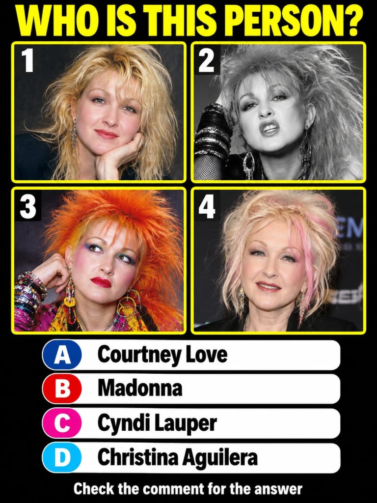 A collage or series of four images showing Cyndi Lauper in different iconic looks across her career from her vibrant 198