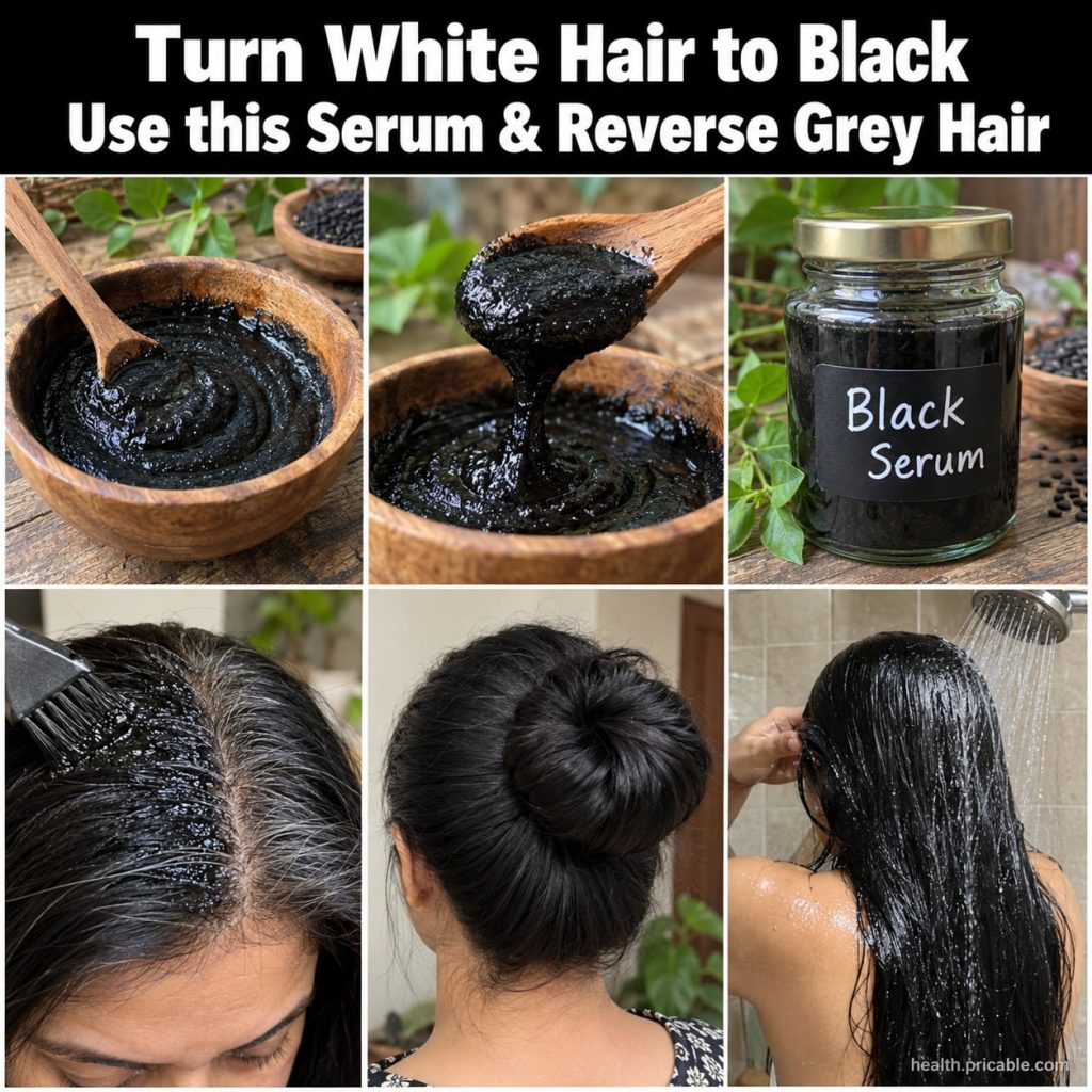A woman gently applying a homemade hair serum to her scalp and hair looking reflective
