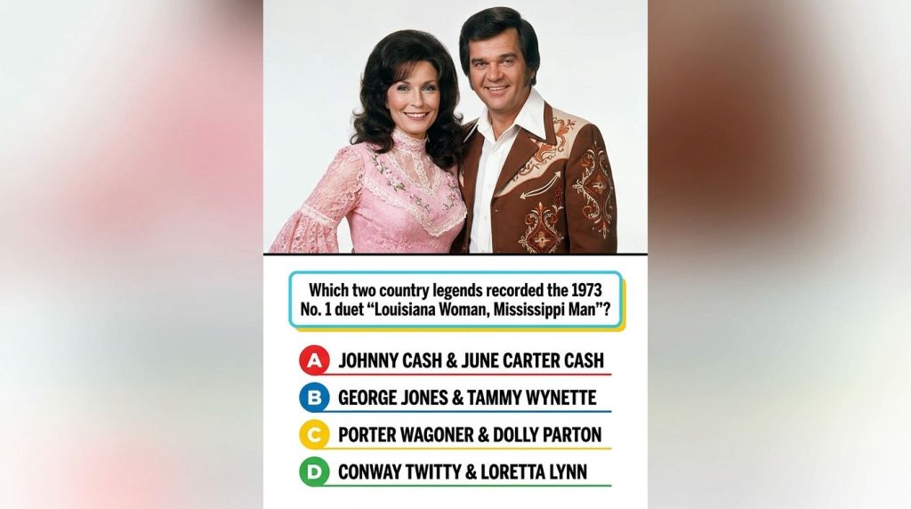 A vintage concert photo of Loretta Lynn and Conway Twitty performing on stage both smiling and holding microphones captu