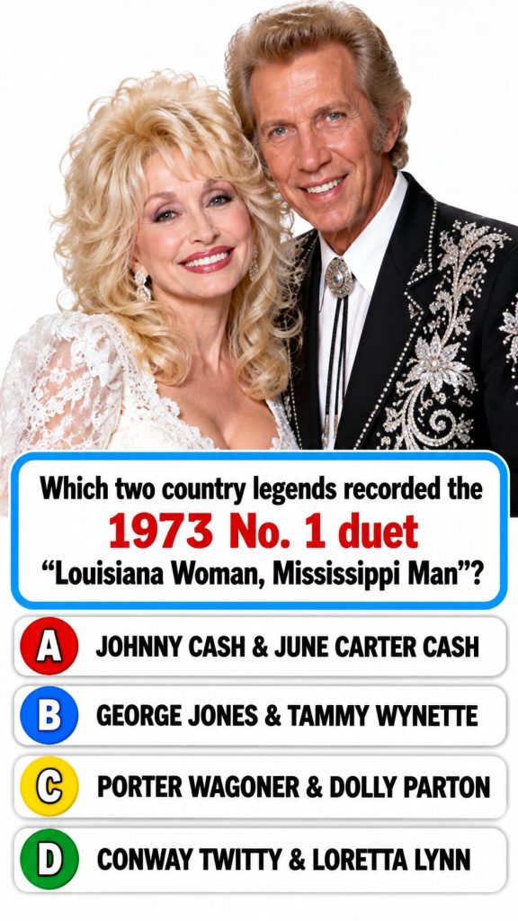 A vintage photo of country music legends Conway Twitty and Loretta Lynn smiling possibly on stage or in a promotional sh