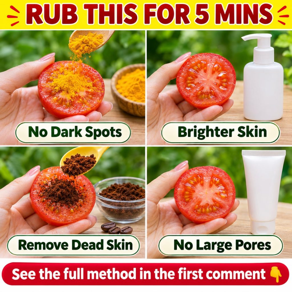 A close-up of a fresh red tomato halved with some pulp exposed suggesting its use in a beauty routine alongside other na