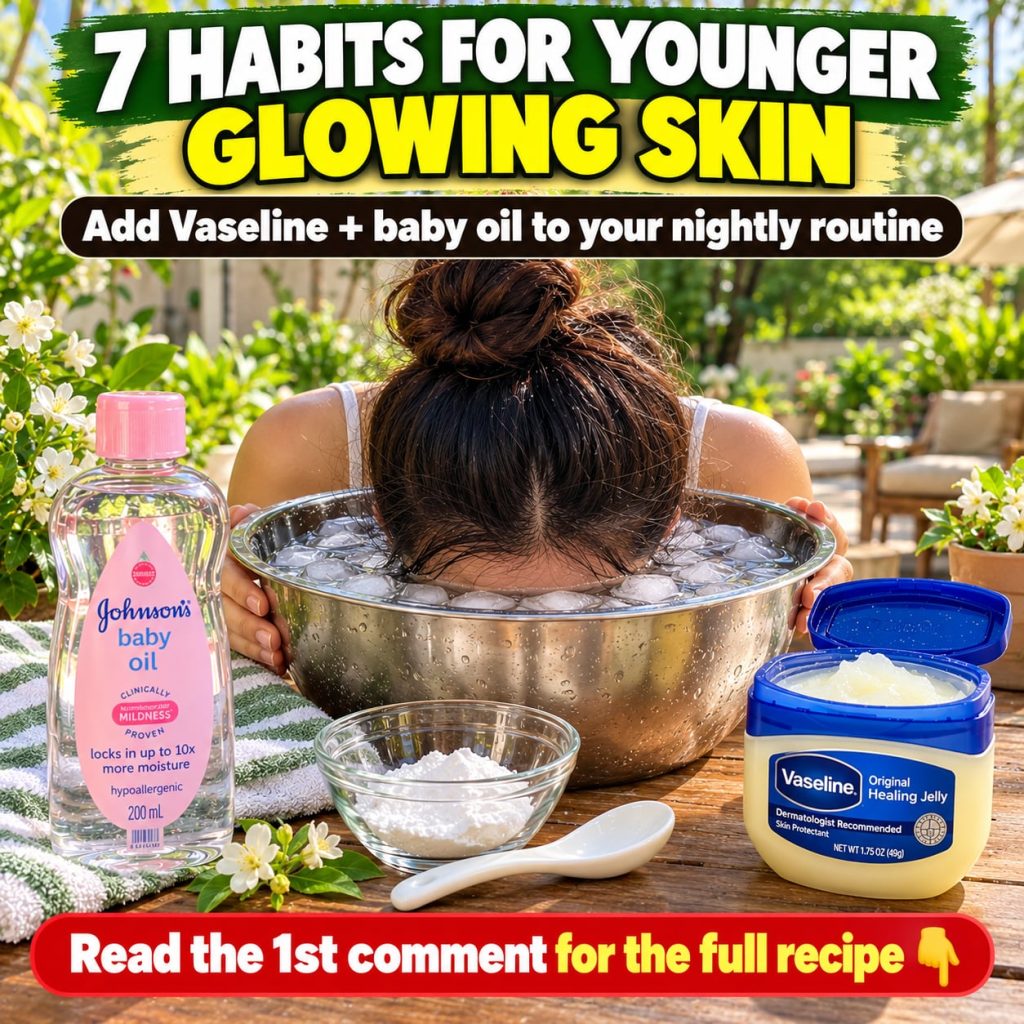 A radiant woman with dewy skin holding a small bowl of ice water a jar of Vaseline and a bottle of baby oil The scene sh