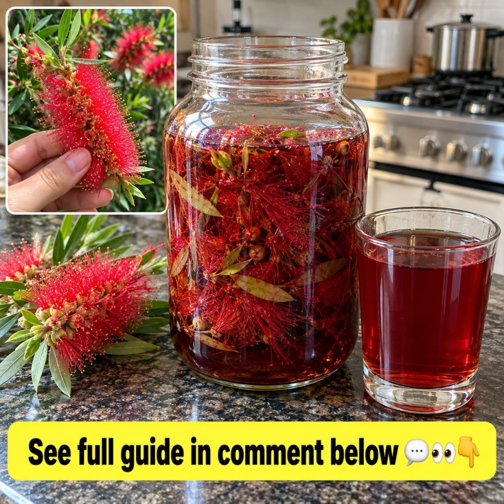 A close-up of a vibrant red bottlebrush flower in full bloom with lush green leaves in the background