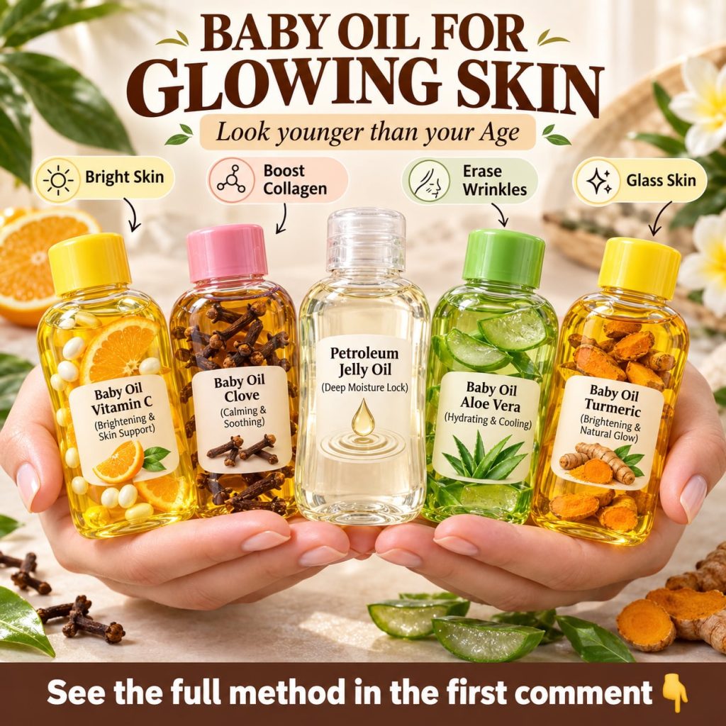 A clear bottle of baby oil surrounded by small bowls of natural ingredients Vitamin C powder ground clove fresh aloe ver