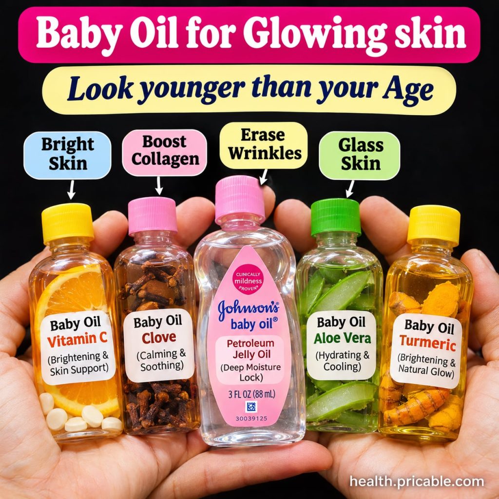 A woman gently applying baby oil to her face with soft hydrated skin in a warm natural light setting