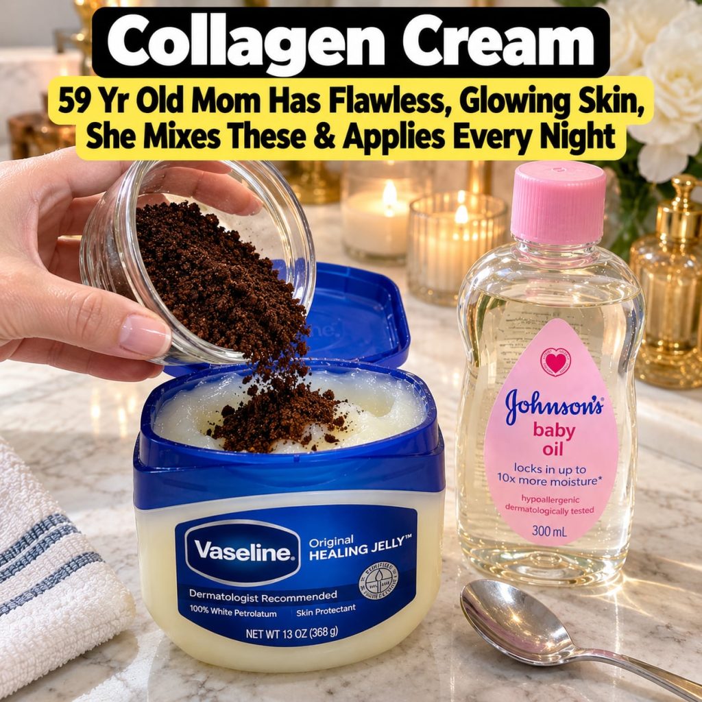 A woman gently applying a homemade cream to her face at night with a small bowl of the cream Vaseline baby oil coffee gr