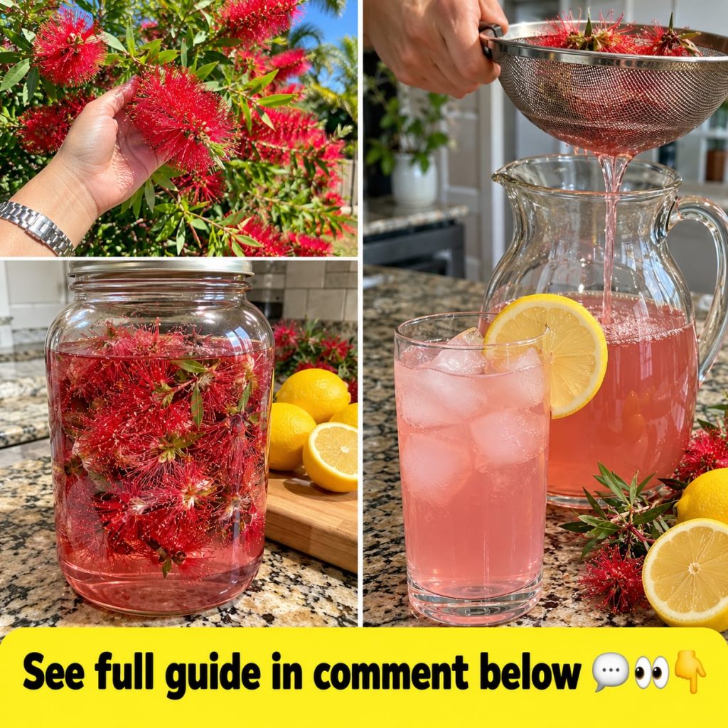 Vibrant red bottle brush flowers steeping in a glass pitcher with water ready for infusion possibly with lemon slices an