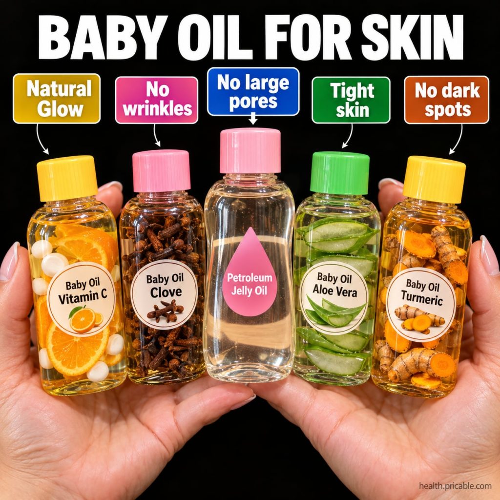 A still life image showing a bottle of baby oil next to small bottles of vitamin E oil and rosehip oil with a dropper an