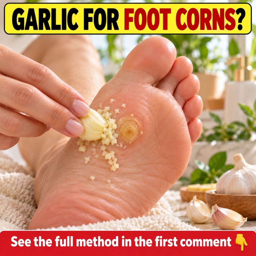 A close-up of a foot with a crushed garlic clove taped onto a corn illustrating the home remedy in action