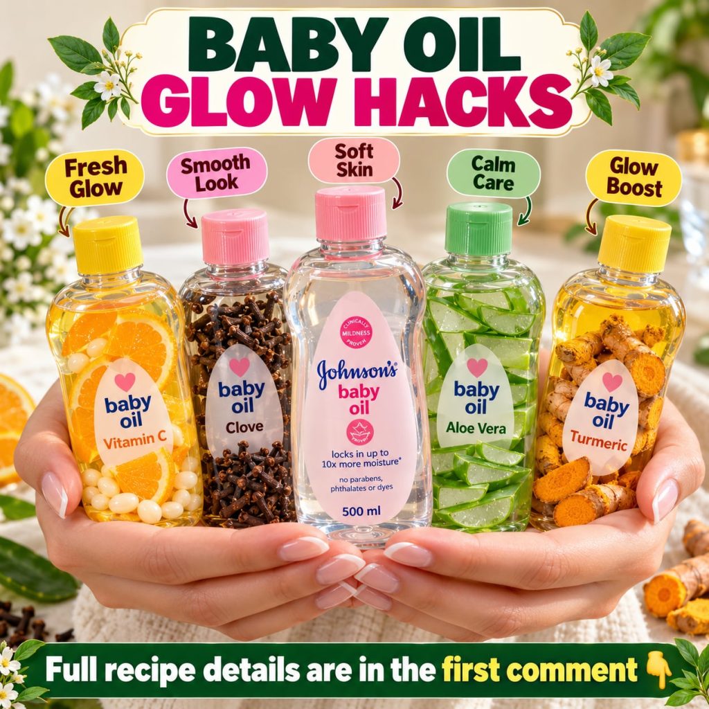 A bottle of baby oil next to a small bowl of natural ingredients like aloe vera gel suggesting a DIY skincare blend