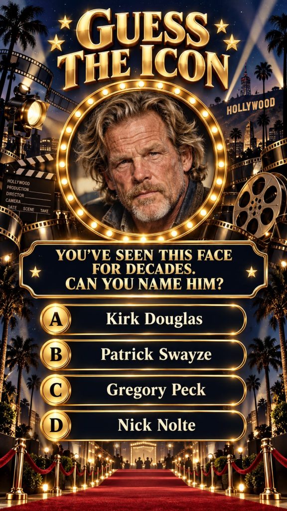 A quiz image asking What is the name of legendary actor 4 overlaid on a black and white portrait of a distinguished clas