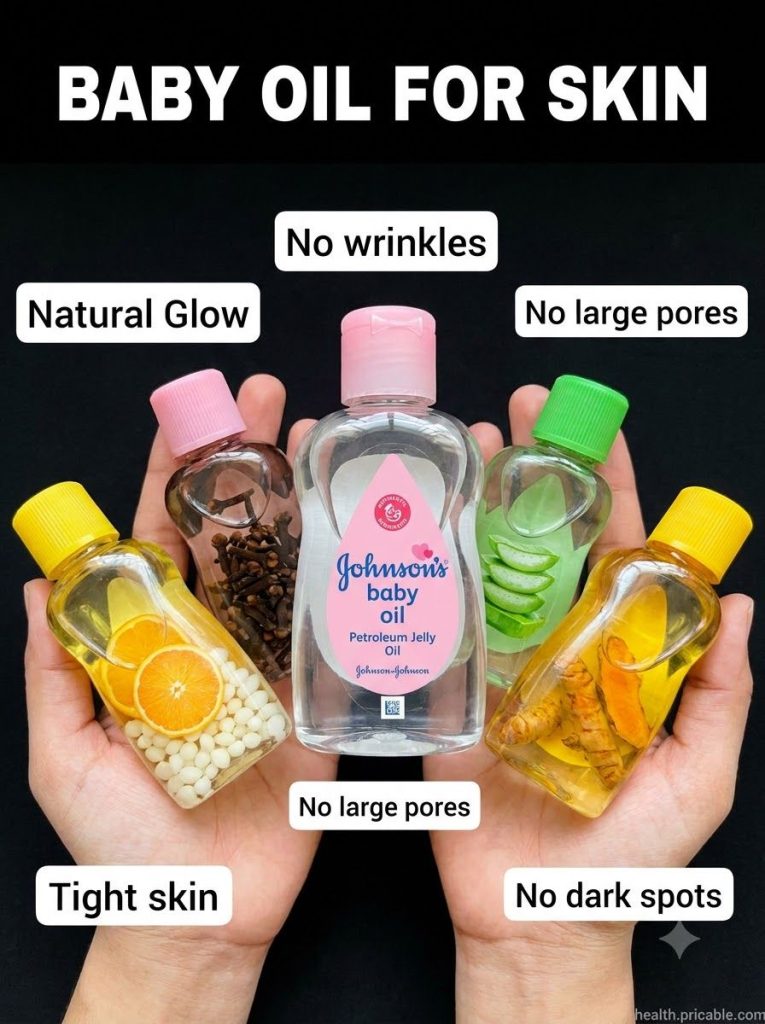 A bottle of baby oil next to small bottles of Vitamin E oil and sweet almond oil with a small mixing bowl and dropper on