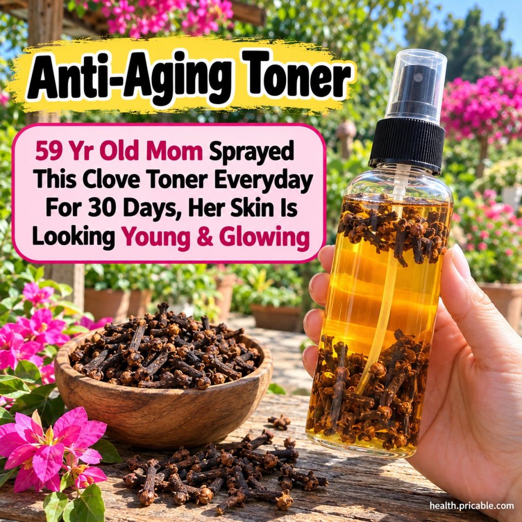 A woman in her late 50s with radiant glowing skin spraying a natural clove toner on her face in a bathroom setting soft 