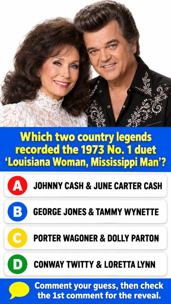 Conway Twitty and Loretta Lynn performing together on stage smiling and singing into microphones They are dressed in cla